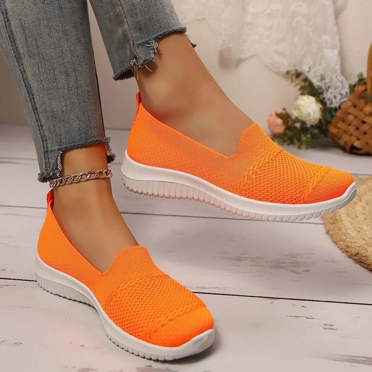 Basket Orthopédique Femme Confortable Style Espadrille Orange