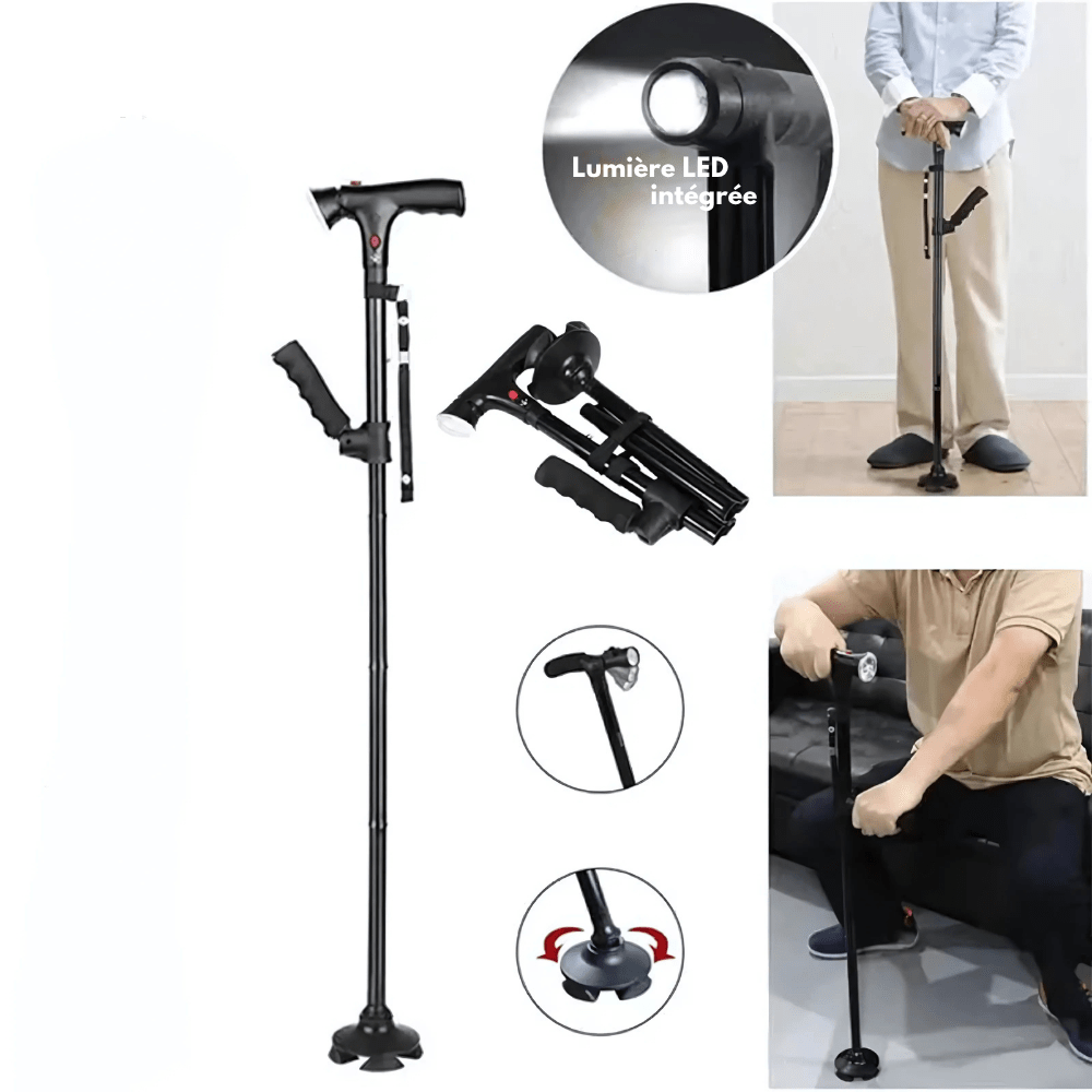 Canne Orthopédique à Quatre Pieds et Pliable avec Lampe LED Intégrée