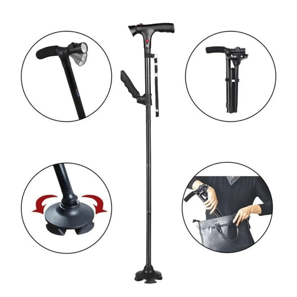Canne Orthopédique à Quatre Pieds et Pliable avec Lampe LED Intégrée