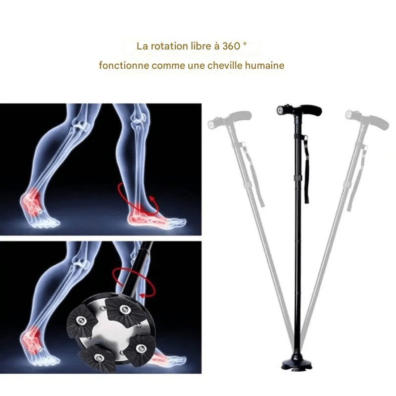 Canne Orthopédique à Quatre Pieds et Pliable avec Lampe LED Intégrée