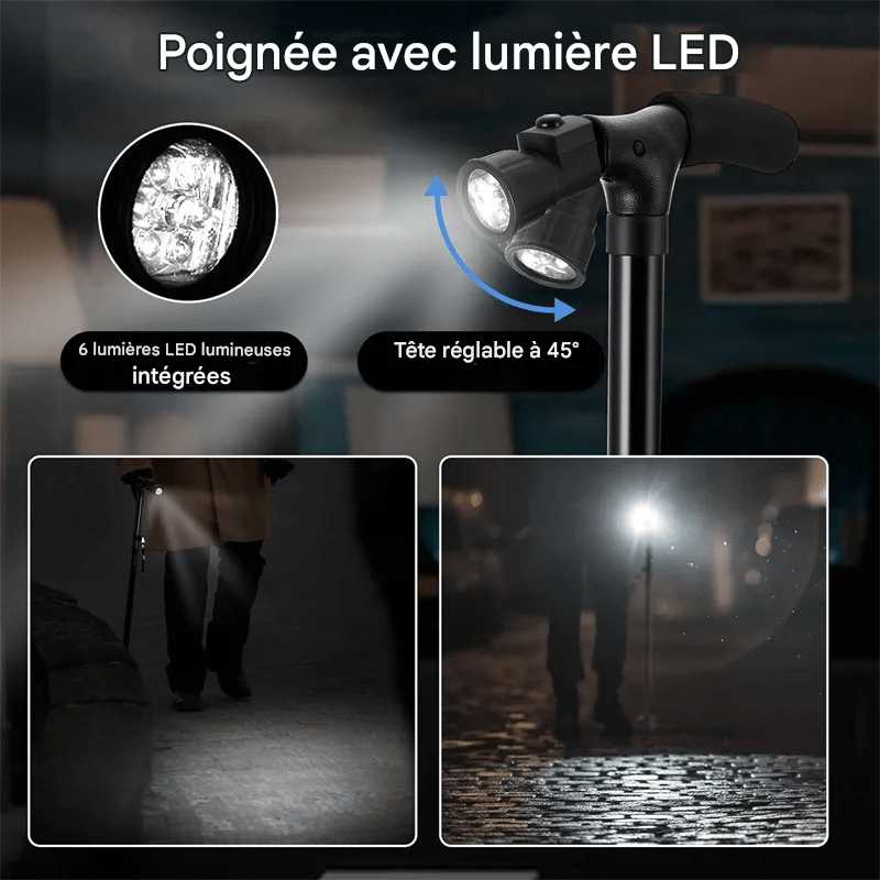 Canne Orthopédique à Quatre Pieds et Pliable avec Lampe LED Intégrée