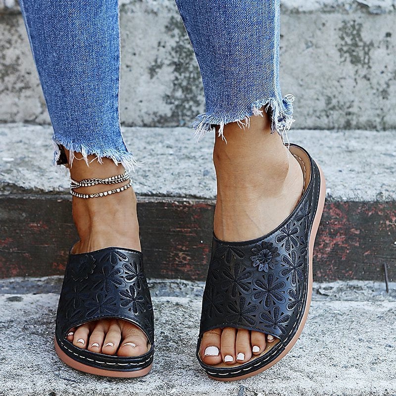 Sandale Orthopédique Femme à Talon en Similicuir Noir