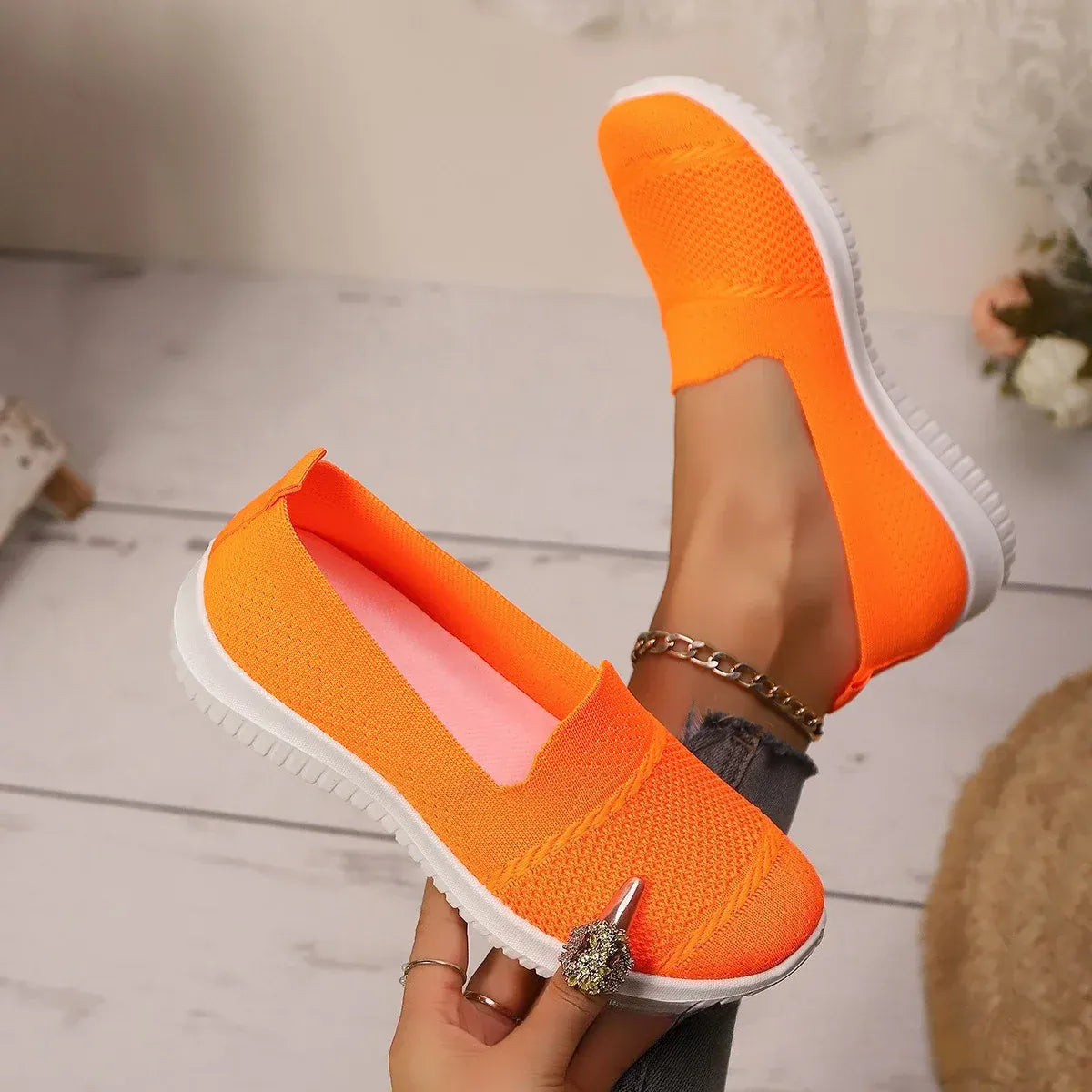 Basket Orthopédique Femme Confortable Style Espadrille Orange