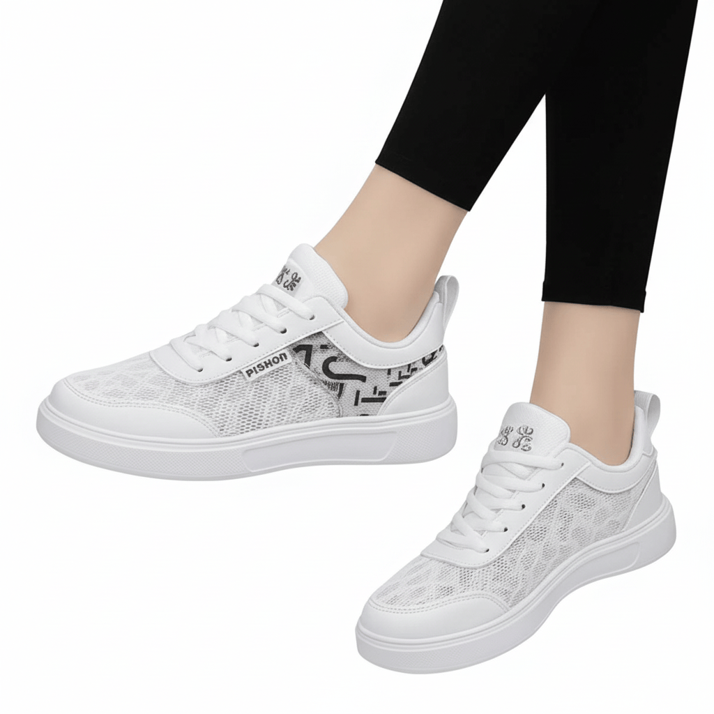 Basket Orthopédique Femme Élégante Blanche Avec Motifs