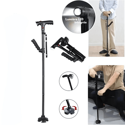 Canne Orthopédique à Quatre Pieds et Pliable avec Lampe LED Intégrée