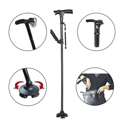 Canne Orthopédique à Quatre Pieds et Pliable avec Lampe LED Intégrée