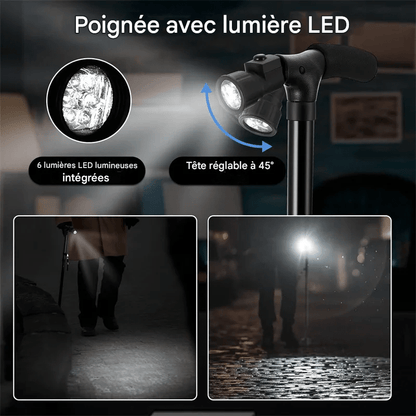 Canne Orthopédique à Quatre Pieds et Pliable avec Lampe LED Intégrée